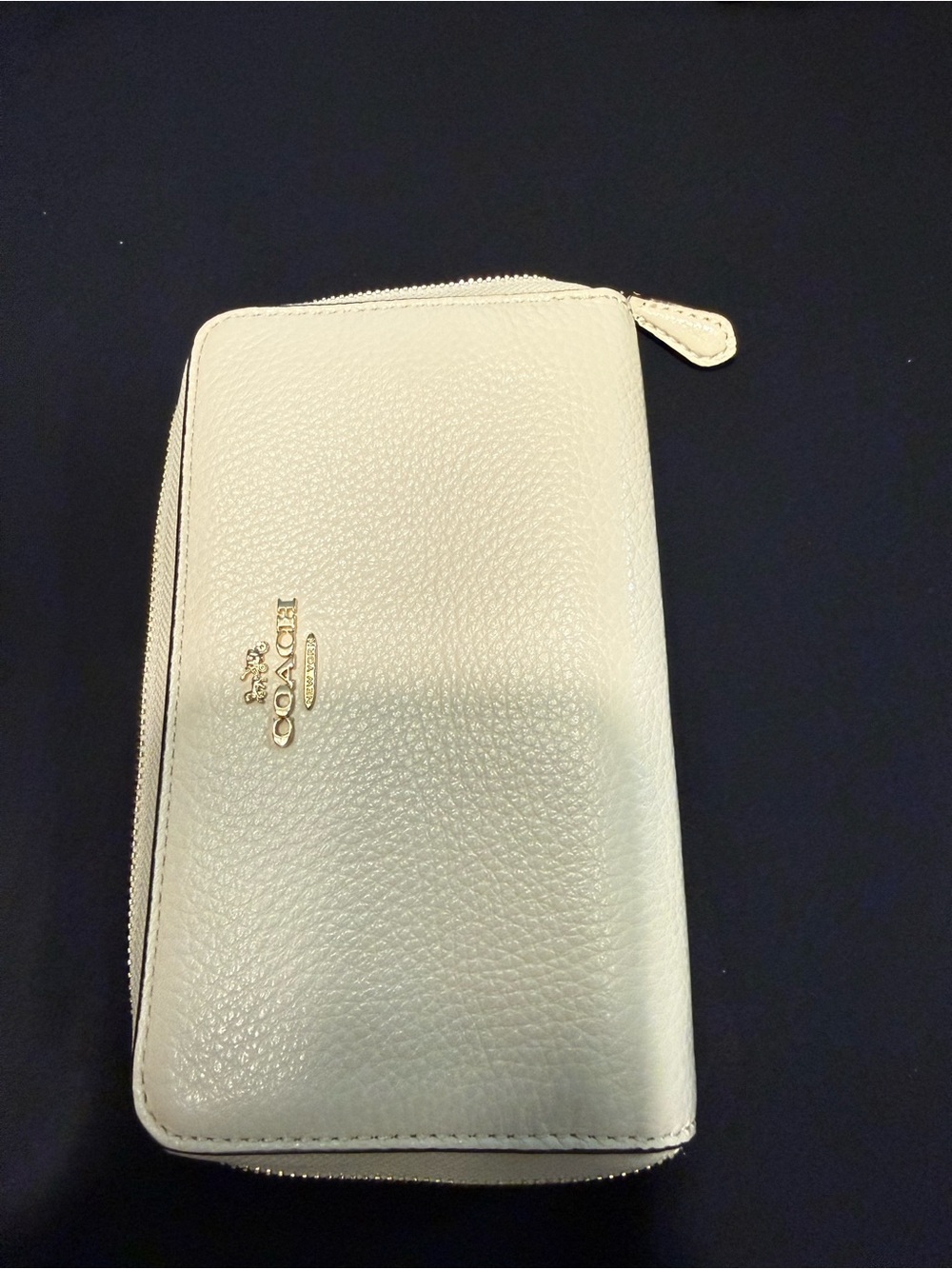 Coach Cream Pebbled Leather Zip Wallet with Gold Logo